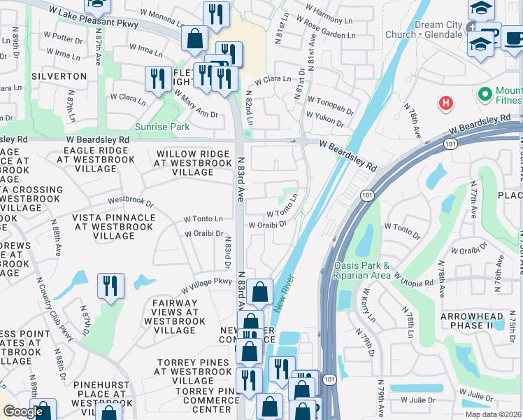 map of restaurants, bars, coffee shops, grocery stores, and more near 8199 West Tonto Lane in Peoria