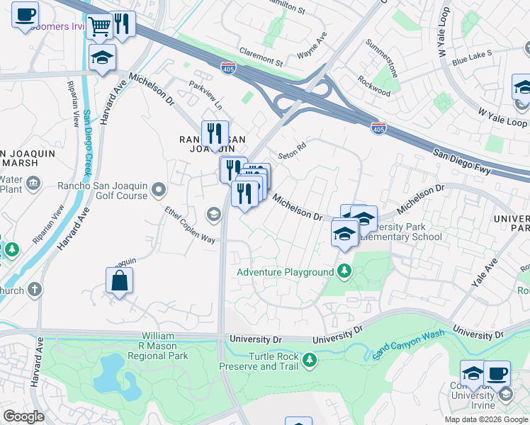 map of restaurants, bars, coffee shops, grocery stores, and more near 2 Norton Street in Irvine