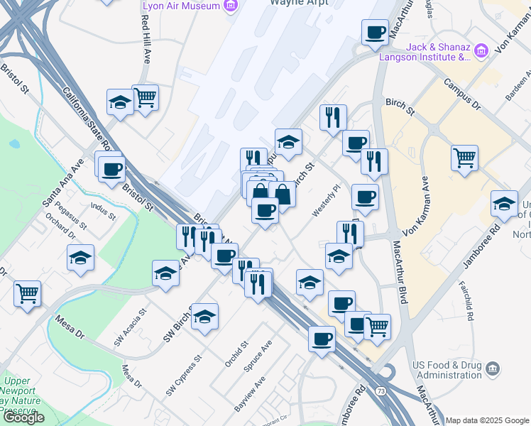 map of restaurants, bars, coffee shops, grocery stores, and more near 3855 Birch Street in Newport Beach