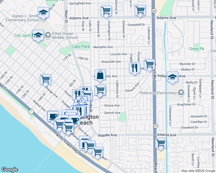 map of restaurants, bars, coffee shops, grocery stores, and more near 212 Geneva Avenue in Huntington Beach