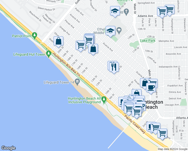 map of restaurants, bars, coffee shops, grocery stores, and more near 1218 Walnut Avenue in Huntington Beach