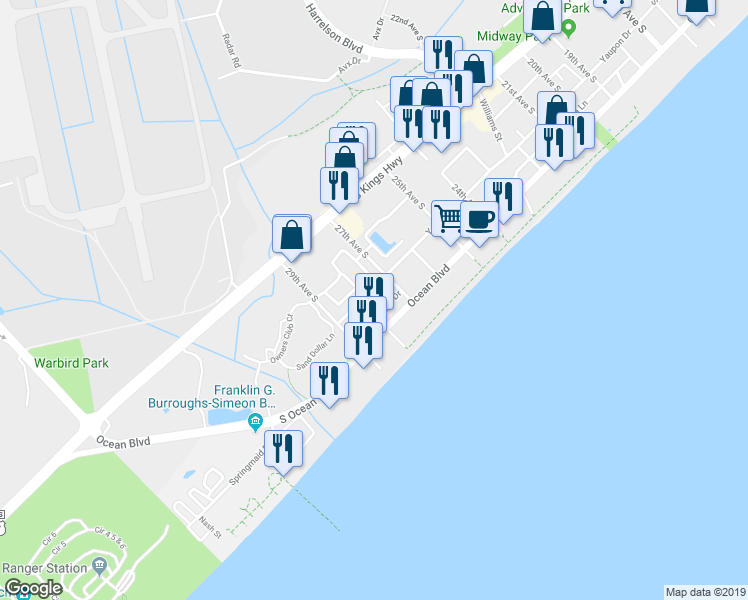 map of restaurants, bars, coffee shops, grocery stores, and more near 2800 South Ocean Boulevard in Myrtle Beach