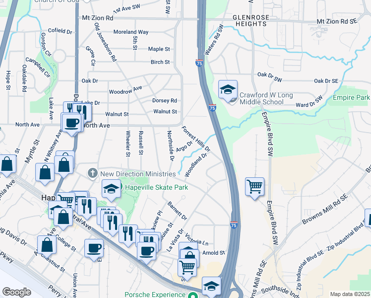 map of restaurants, bars, coffee shops, grocery stores, and more near 2125 Woodland Drive in Hapeville