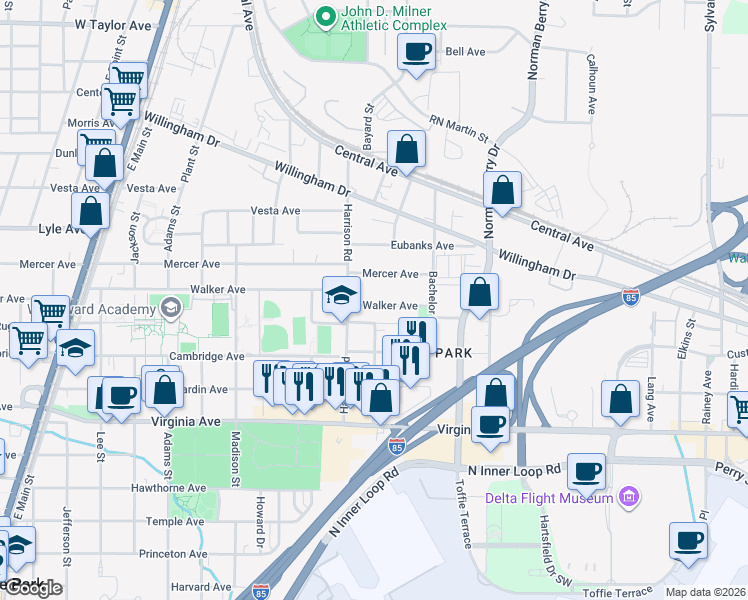 map of restaurants, bars, coffee shops, grocery stores, and more near 1356 Walker Avenue in Atlanta