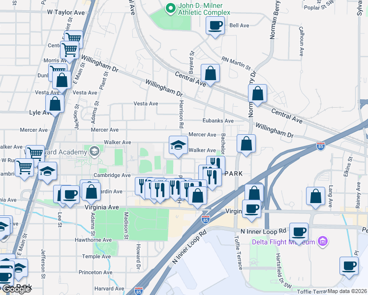 map of restaurants, bars, coffee shops, grocery stores, and more near 1356 Walker Avenue in Atlanta