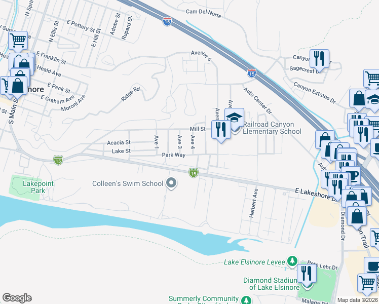 map of restaurants, bars, coffee shops, grocery stores, and more near 1051 Park Way in Lake Elsinore