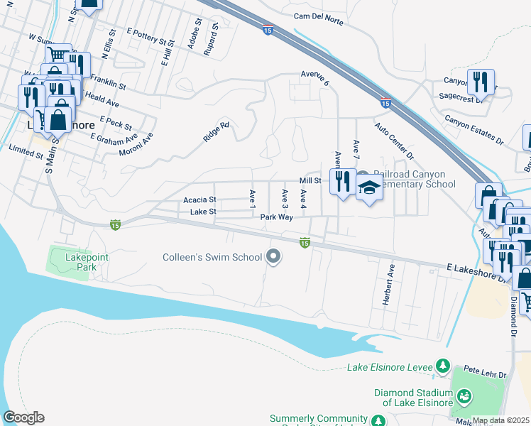 map of restaurants, bars, coffee shops, grocery stores, and more near 881 Park Way in Lake Elsinore
