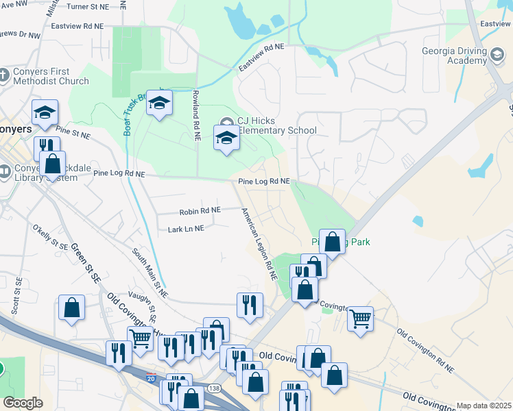 map of restaurants, bars, coffee shops, grocery stores, and more near 870 American Legion Road Northeast in Conyers