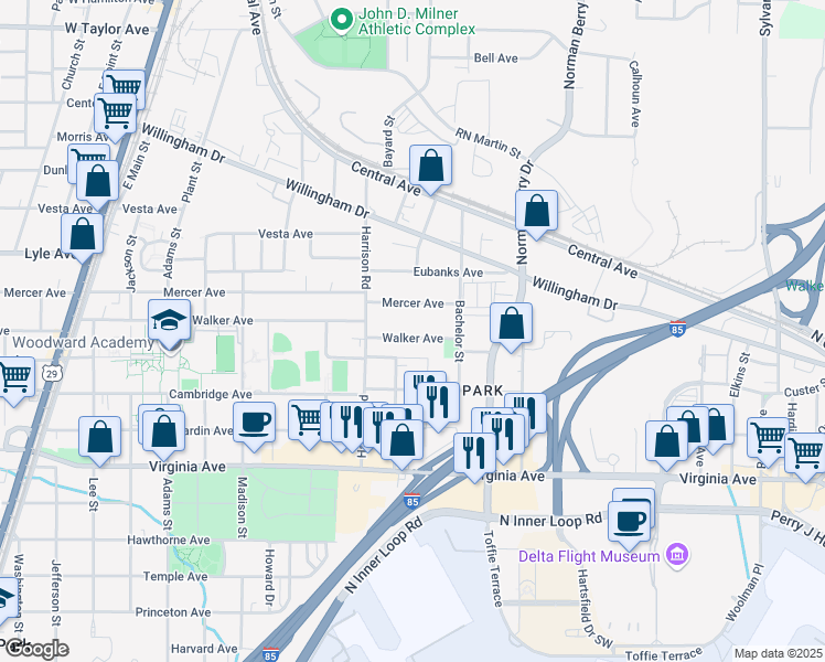 map of restaurants, bars, coffee shops, grocery stores, and more near 1331 Walker Avenue in East Point