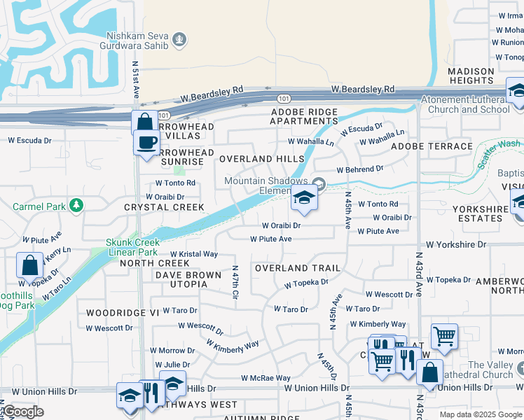 map of restaurants, bars, coffee shops, grocery stores, and more near 4718 West Oraibi Drive in Glendale