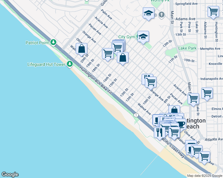 map of restaurants, bars, coffee shops, grocery stores, and more near 1400 California 1 in Huntington Beach