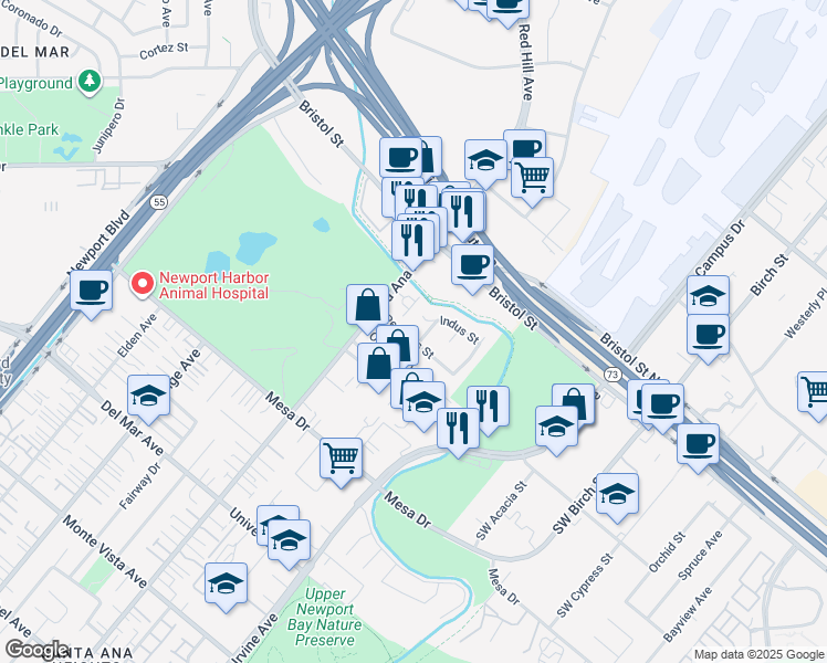 map of restaurants, bars, coffee shops, grocery stores, and more near 1591 Orchard Drive in Newport Beach