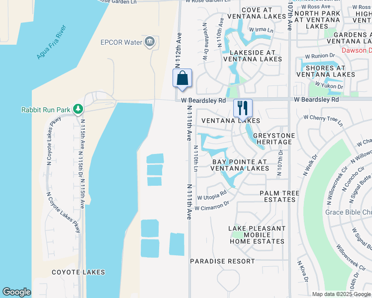 map of restaurants, bars, coffee shops, grocery stores, and more near 19644 North 111th Avenue in Sun City
