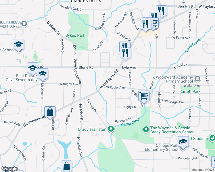 map of restaurants, bars, coffee shops, grocery stores, and more near 2424 West Rugby Avenue in College Park