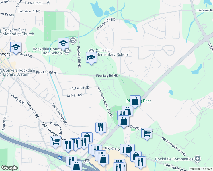 map of restaurants, bars, coffee shops, grocery stores, and more near 677 American Legion Road Northeast in Conyers