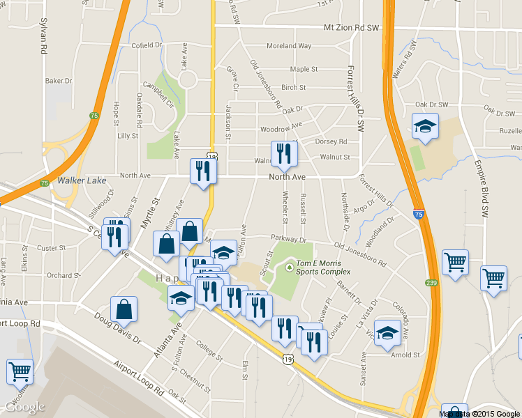 map of restaurants, bars, coffee shops, grocery stores, and more near 557 Parkway Drive in Hapeville