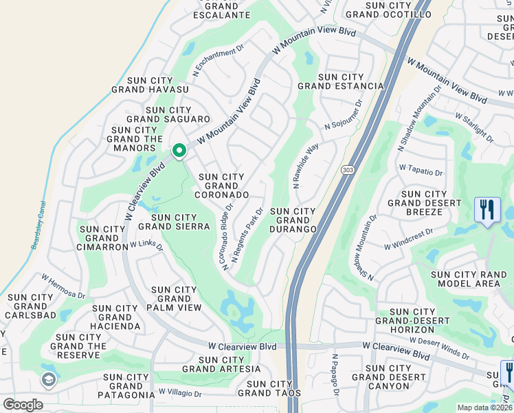 map of restaurants, bars, coffee shops, grocery stores, and more near 19722 North Regents Park Drive in Surprise