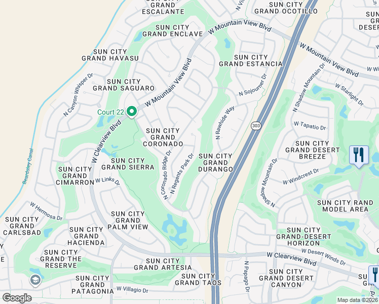 map of restaurants, bars, coffee shops, grocery stores, and more near 19632 North Regents Park Drive in Surprise