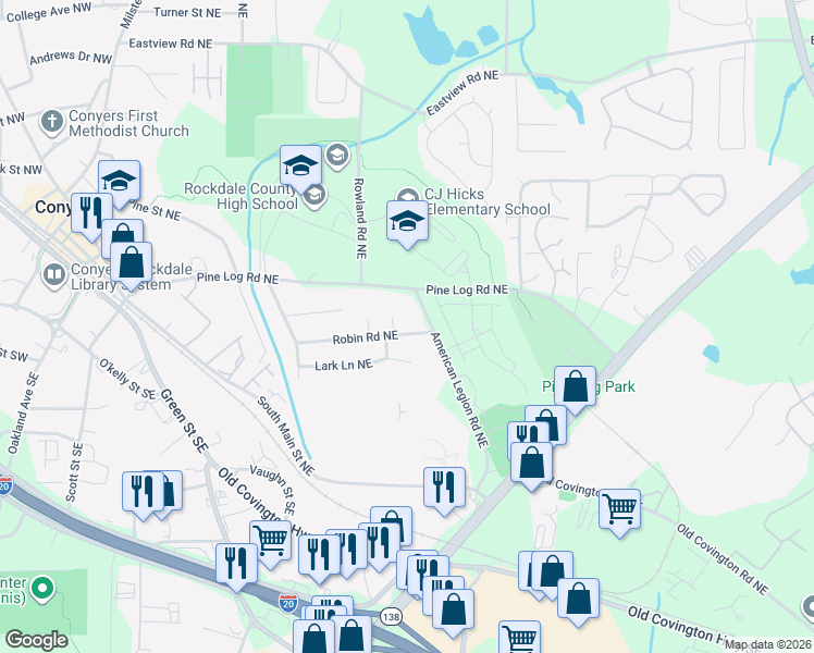 map of restaurants, bars, coffee shops, grocery stores, and more near 1285 Robin Road Northeast in Conyers