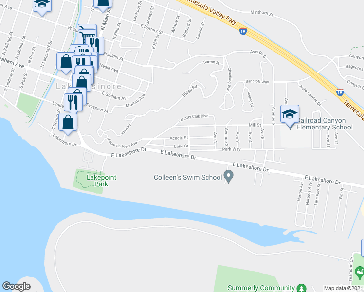 map of restaurants, bars, coffee shops, grocery stores, and more near Lake Street in Lake Elsinore