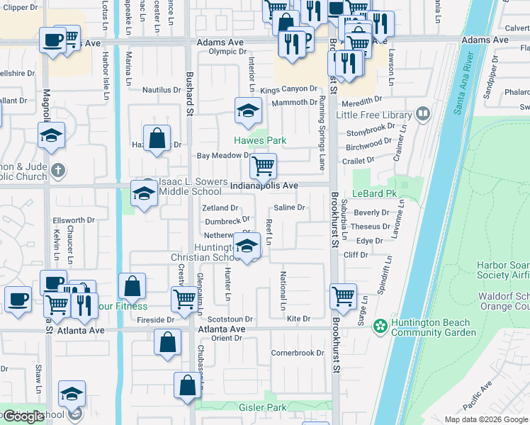 map of restaurants, bars, coffee shops, grocery stores, and more near 20591 Reef Lane in Huntington Beach