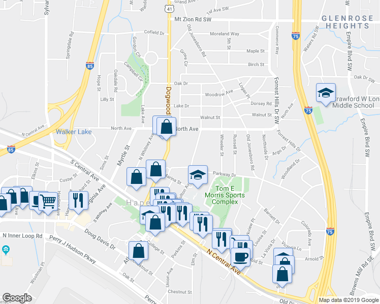 map of restaurants, bars, coffee shops, grocery stores, and more near 3249 North Fulton Avenue in Atlanta