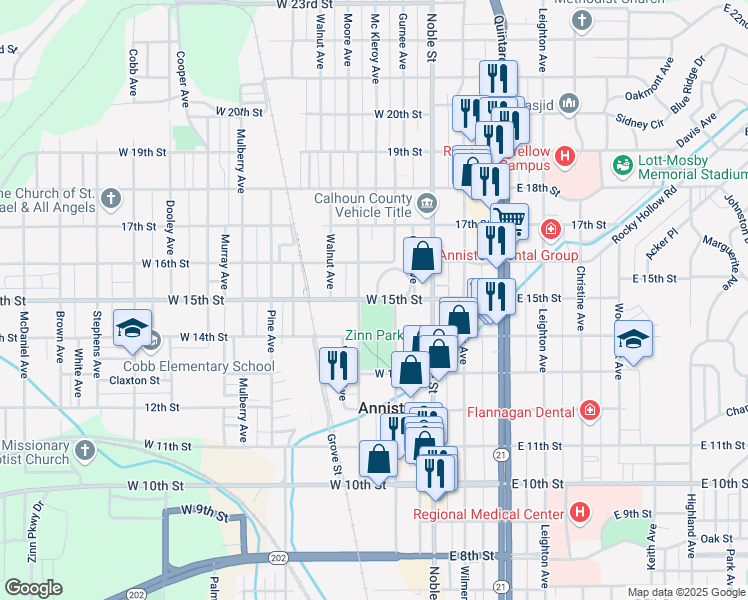 map of restaurants, bars, coffee shops, grocery stores, and more near 130 West 15th Street in Anniston