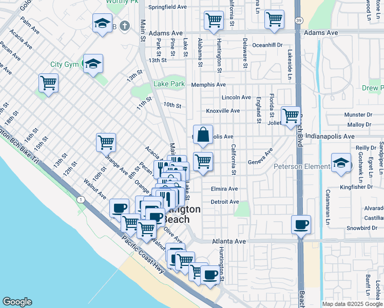 map of restaurants, bars, coffee shops, grocery stores, and more near 606 Lake Street in Huntington Beach