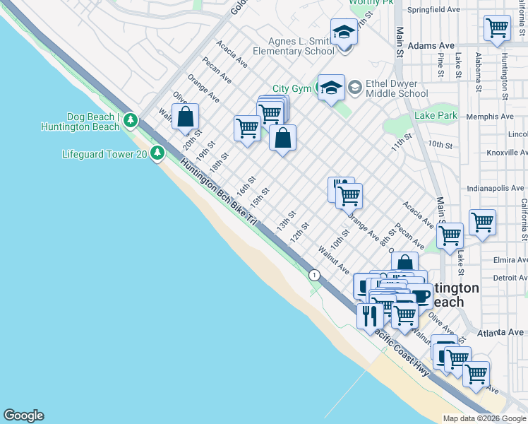 map of restaurants, bars, coffee shops, grocery stores, and more near 111 14th Street in Huntington Beach