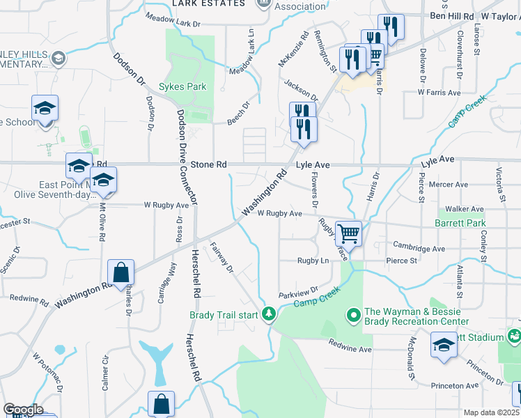 map of restaurants, bars, coffee shops, grocery stores, and more near 2424 West Rugby Avenue in College Park
