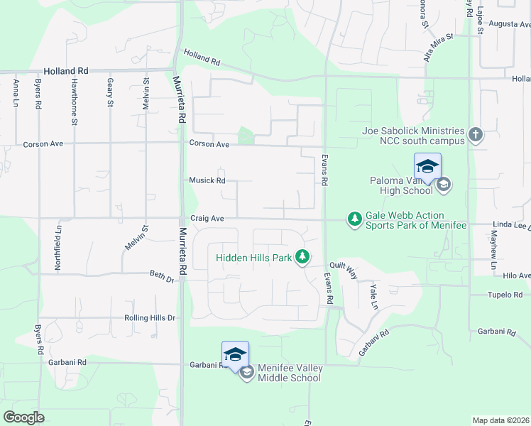 map of restaurants, bars, coffee shops, grocery stores, and more near 26289 Adelina Drive in Menifee
