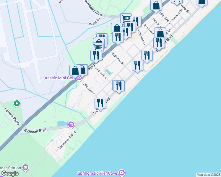 map of restaurants, bars, coffee shops, grocery stores, and more near 2709 South Ocean Boulevard in Myrtle Beach