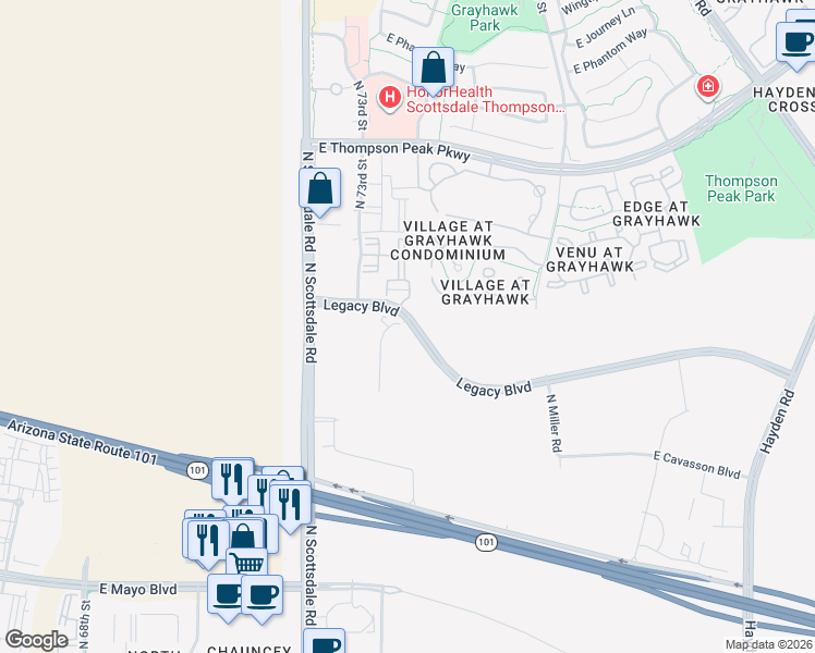 map of restaurants, bars, coffee shops, grocery stores, and more near East Hualapai Drive in Scottsdale