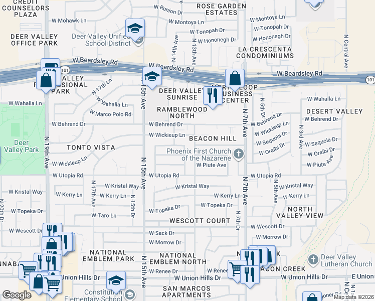 map of restaurants, bars, coffee shops, grocery stores, and more near 19426 North 13th Avenue in Phoenix