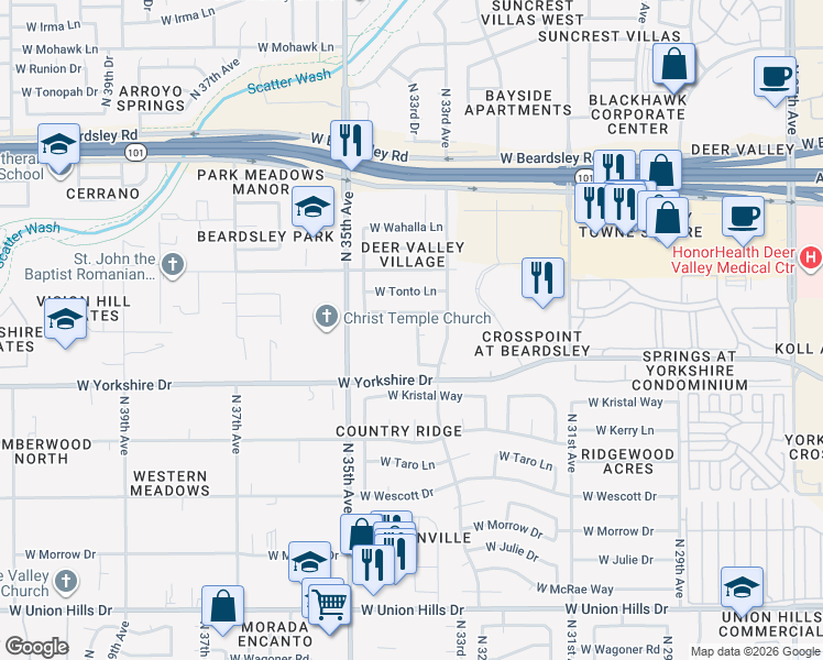 map of restaurants, bars, coffee shops, grocery stores, and more near 19420 North 33rd Drive in Phoenix