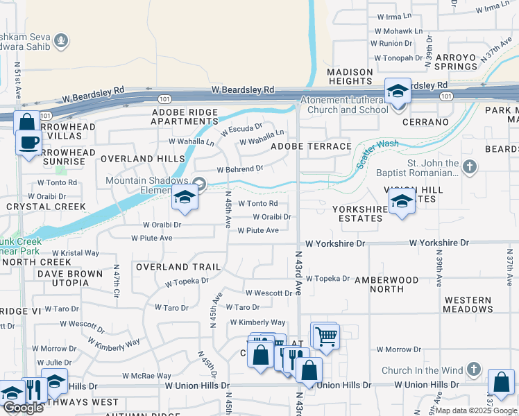 map of restaurants, bars, coffee shops, grocery stores, and more near 4445 West Oraibi Drive in Glendale