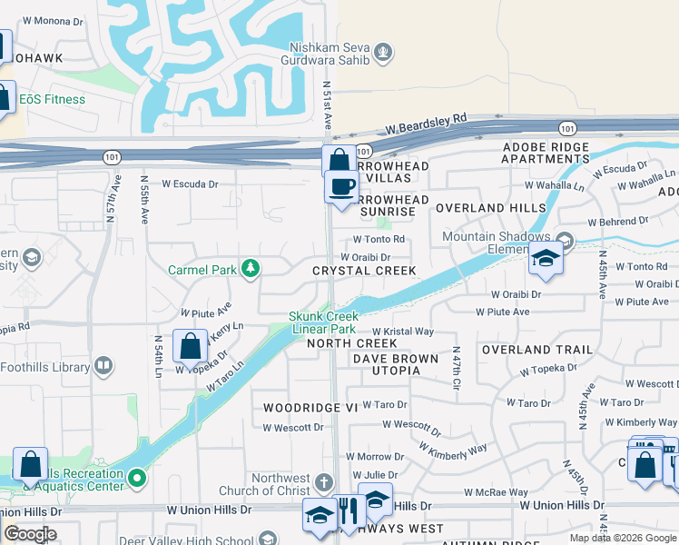 map of restaurants, bars, coffee shops, grocery stores, and more near 5023 West Wikieup Lane in Glendale