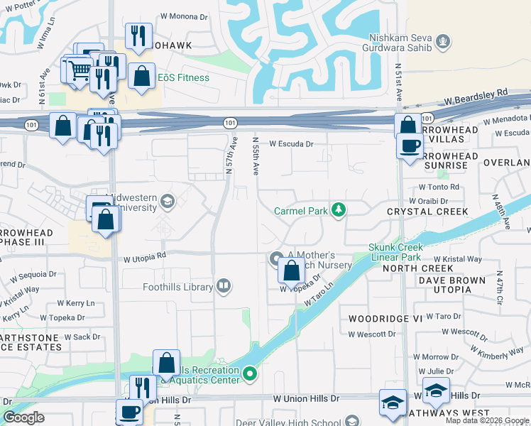 map of restaurants, bars, coffee shops, grocery stores, and more near 19528 North 55th Drive in Glendale