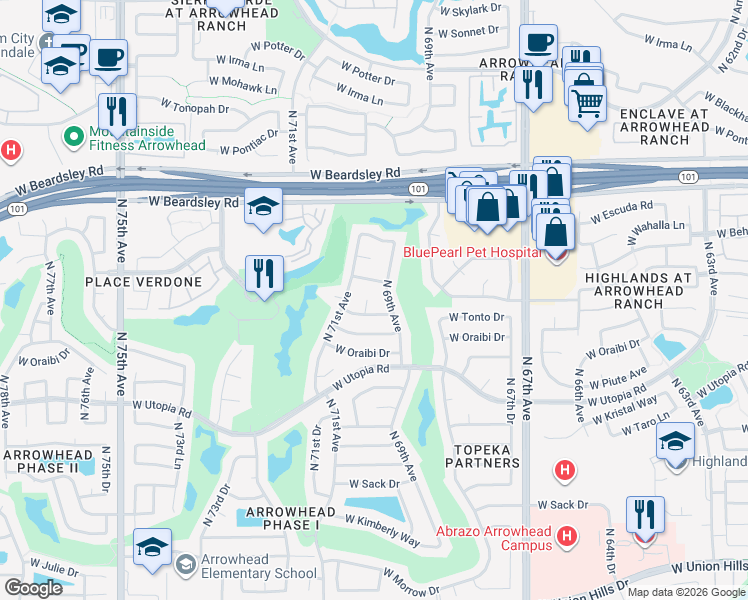 map of restaurants, bars, coffee shops, grocery stores, and more near 6915 West Behrend Drive in Glendale