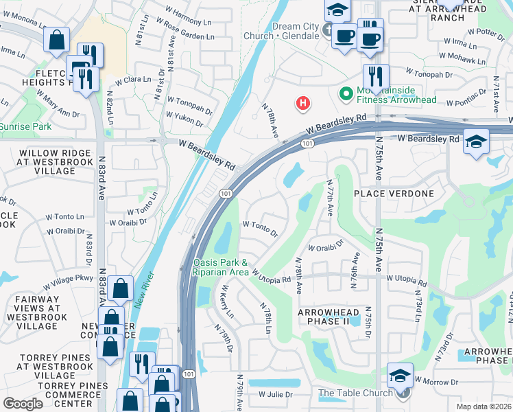map of restaurants, bars, coffee shops, grocery stores, and more near 19715 North 79th Avenue in Glendale