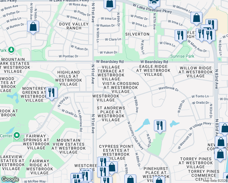 map of restaurants, bars, coffee shops, grocery stores, and more near 19507 North 89th Drive in Peoria