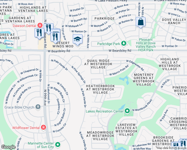 map of restaurants, bars, coffee shops, grocery stores, and more near 9845 West Behrend Drive in Peoria