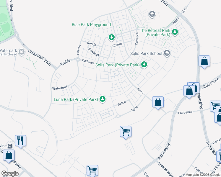 map of restaurants, bars, coffee shops, grocery stores, and more near Z Street in Irvine