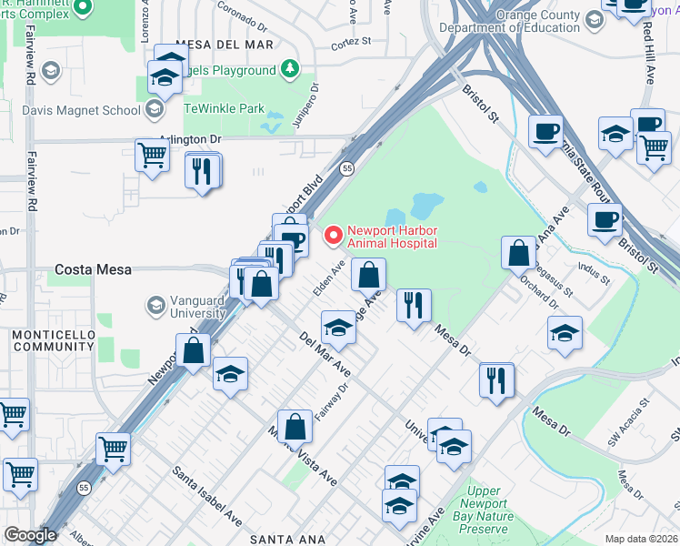 map of restaurants, bars, coffee shops, grocery stores, and more near 2674 Elden Avenue in Costa Mesa