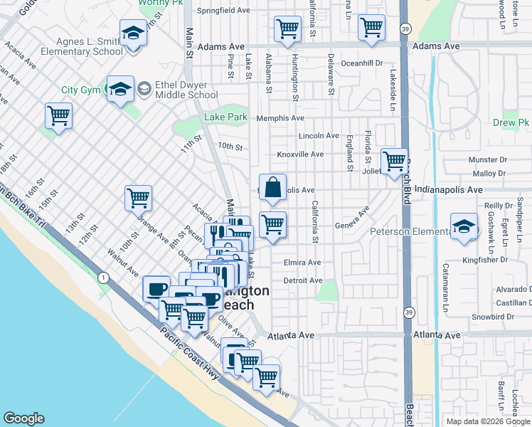 map of restaurants, bars, coffee shops, grocery stores, and more near 606 Lake Street in Huntington Beach