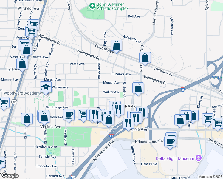 map of restaurants, bars, coffee shops, grocery stores, and more near 1331 Walker Avenue in East Point