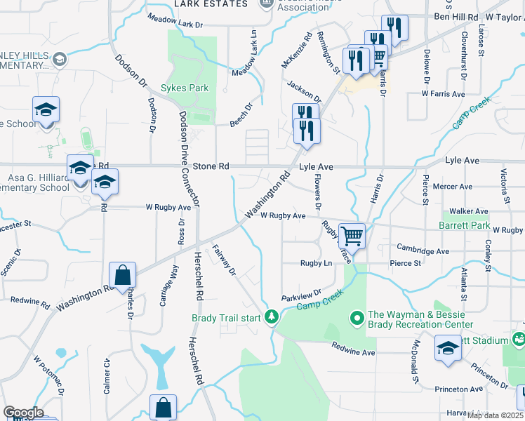 map of restaurants, bars, coffee shops, grocery stores, and more near 2415 West Rugby Avenue in College Park