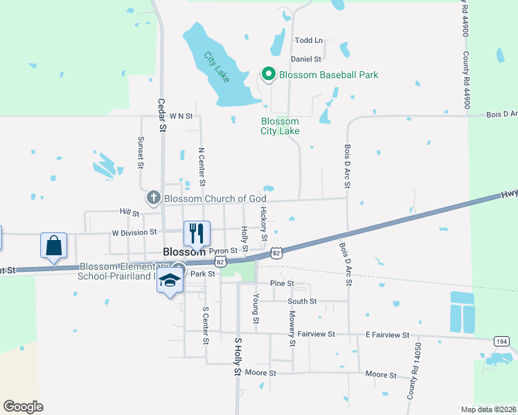 map of restaurants, bars, coffee shops, grocery stores, and more near 212 Hickory Street in Blossom