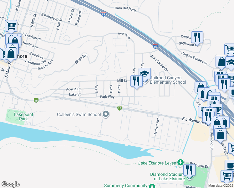 map of restaurants, bars, coffee shops, grocery stores, and more near 1051 Park Way in Lake Elsinore