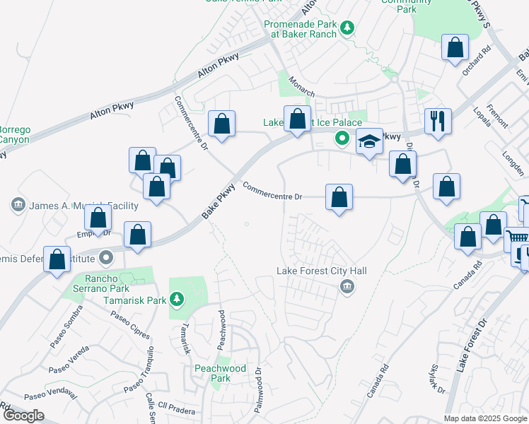 map of restaurants, bars, coffee shops, grocery stores, and more near 25550 Commercentre Drive in Lake Forest